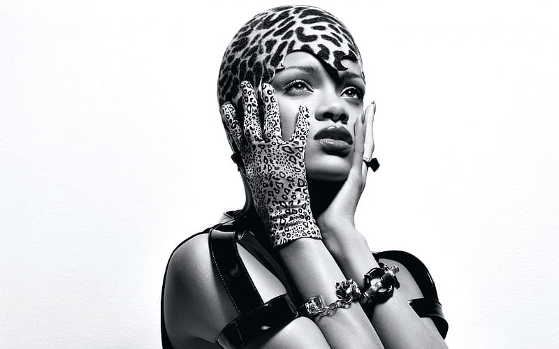 Rihanna, hoot, portrait, black and white , American singer, face, leopard hat, Robin Rihanna Fenty, HD wallpaper
