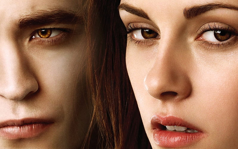 Edward and Bella, poster, Kristen Stewart, movie, bella, twilight, Robert Pattinson, saga, fantasy, edward, face, vampire, eyes, HD wallpaper