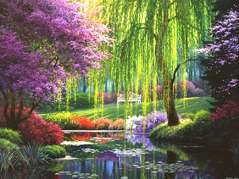 The Willow Pond, draw and paint, love four seasons, spring, attractions in dreams, trees, pond, parks, paintings, flowers, garden, nature, HD wallpaper