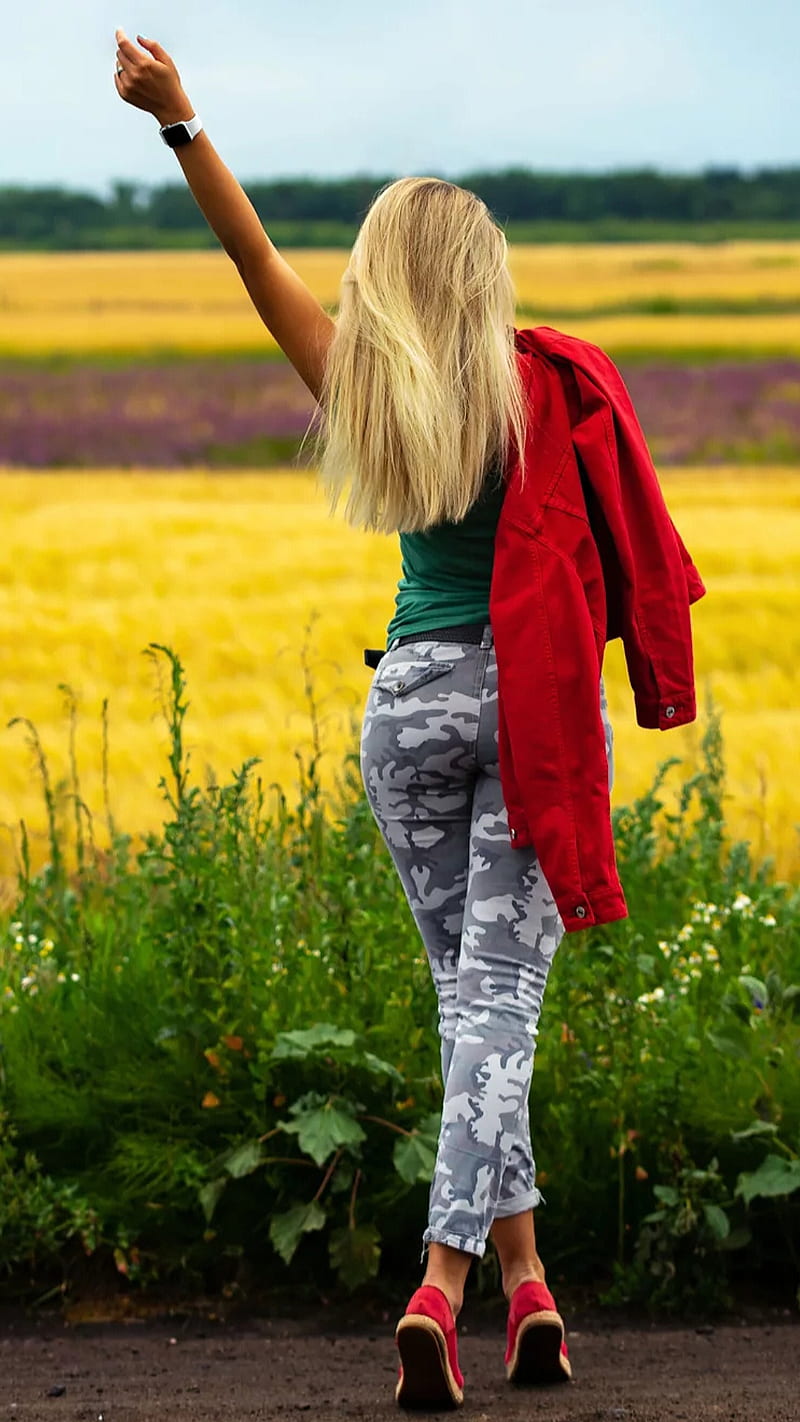 Camo, back, blonde, camo pants, colors, fashion, girl, mood, nature, HD phone wallpaper