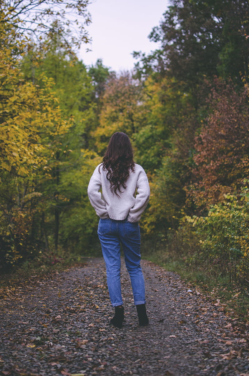 fall, graphy, white sweater, sweater, rear view, hands in pockets, black boots, forest, women, blue pants, blue jeans, HD phone wallpaper