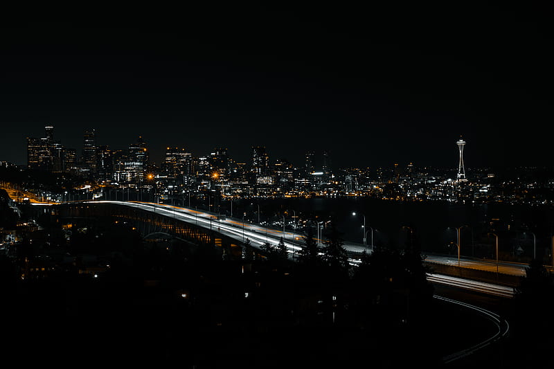 city, night, buildings, bridge, architecture, dark, HD wallpaper