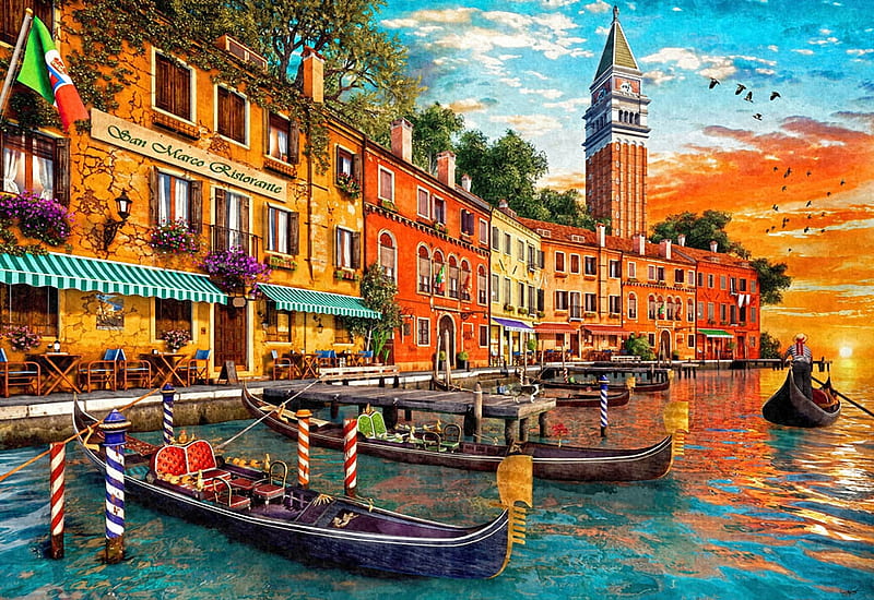 San Marco Sunset, clouds, sky, venice, campanile, houses, artwork, boats, restaurant, tower, digital, HD wallpaper