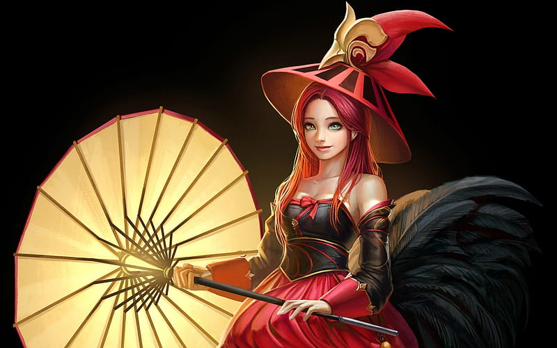 Witch, fantasy, arang, luminos, girl, taekwon kim, parasolumbrella, hat, red, yellow, HD wallpaper