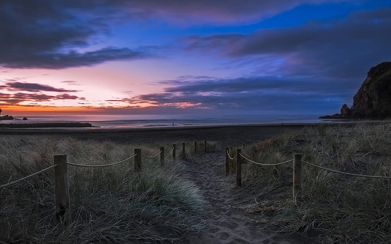 Beautiful path to the beach at sunset, beach, sand, path, sunset, rope