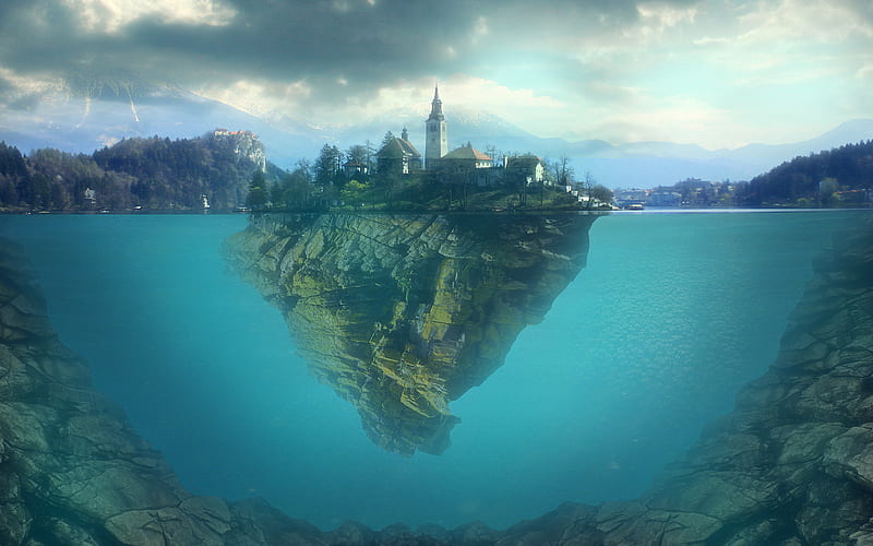 Lake Bled, 3d art, underwater, Slovenia, Europe, HD wallpaper