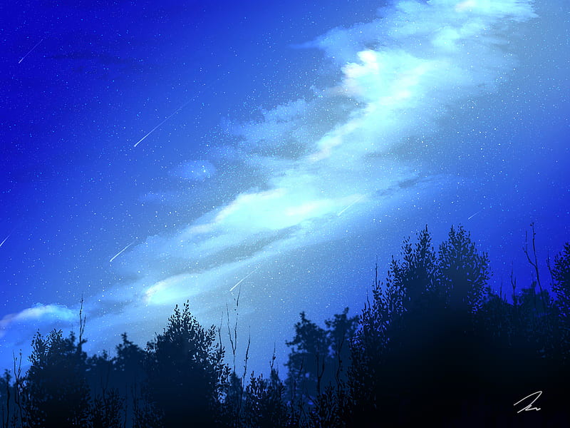 night, starfall, trees, clouds, starry sky, HD wallpaper