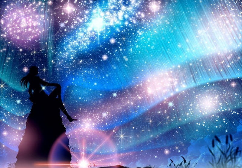 Starfall, stars, girl, silhouette, sky, blue, glorious, HD wallpaper