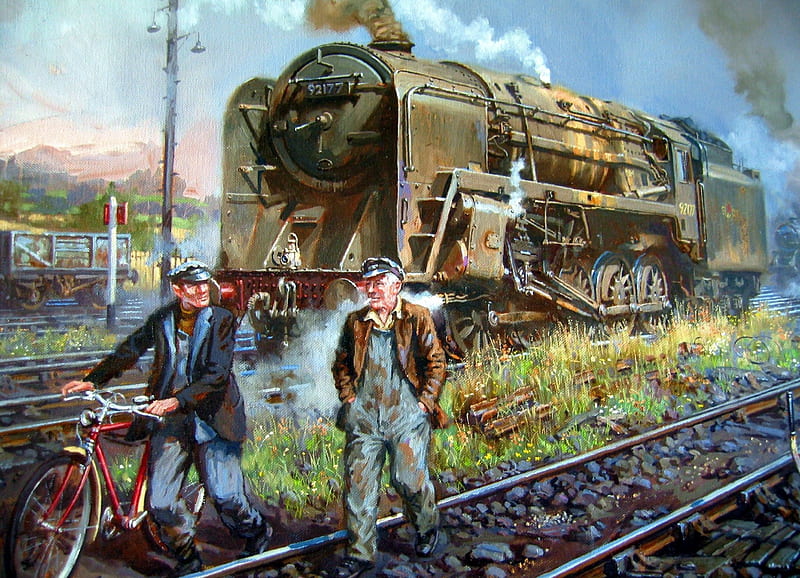 Old Railways, locomotive, train, painting, steam, workers, artwork, vintage, HD wallpaper