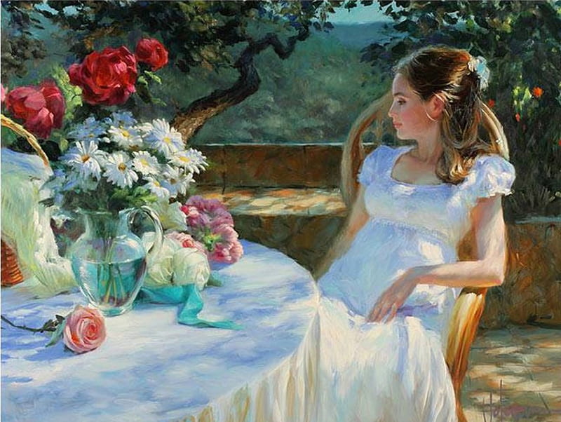 Painting, red, artist, dress, sun, resting, vase, bonito, woman, outdoors, elegance, young, feminine, flowers, beauty, chair, pink, table, art, soft, park, roses, trees, abstract, terrace, daisies, basket, summer, nature, single, white, HD wallpaper