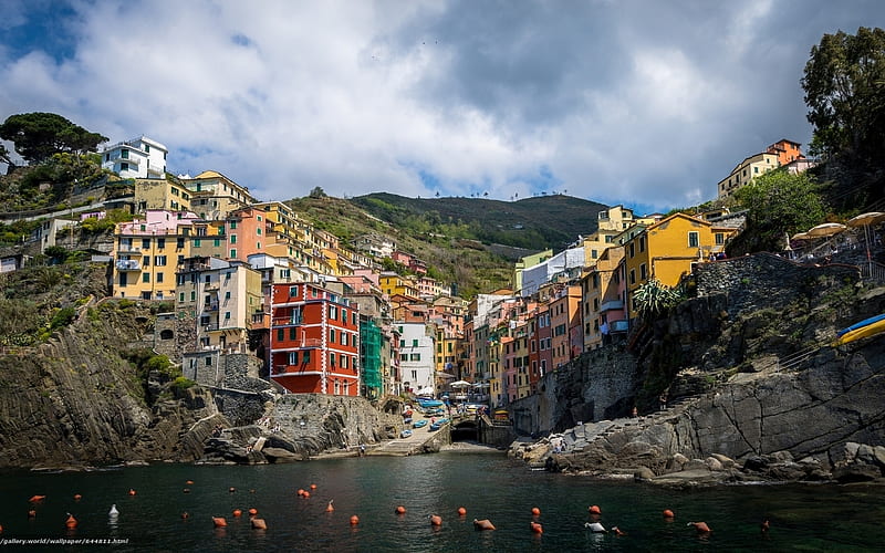 Riomaggiore, Liguria, Italy, town, Italy, houses, mountains, sea, HD wallpaper