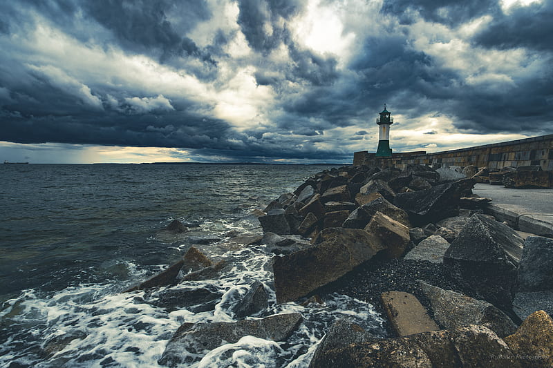 lighthouse, sea, coast, stones, clouds, HD wallpaper