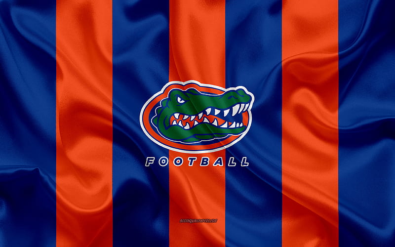 Florida Gators, American football team, emblem, silk flag, orange-blue silk texture, NCAA, Florida Gators logo, Gainesville, Florida, USA, American football, University of Florida, HD wallpaper
