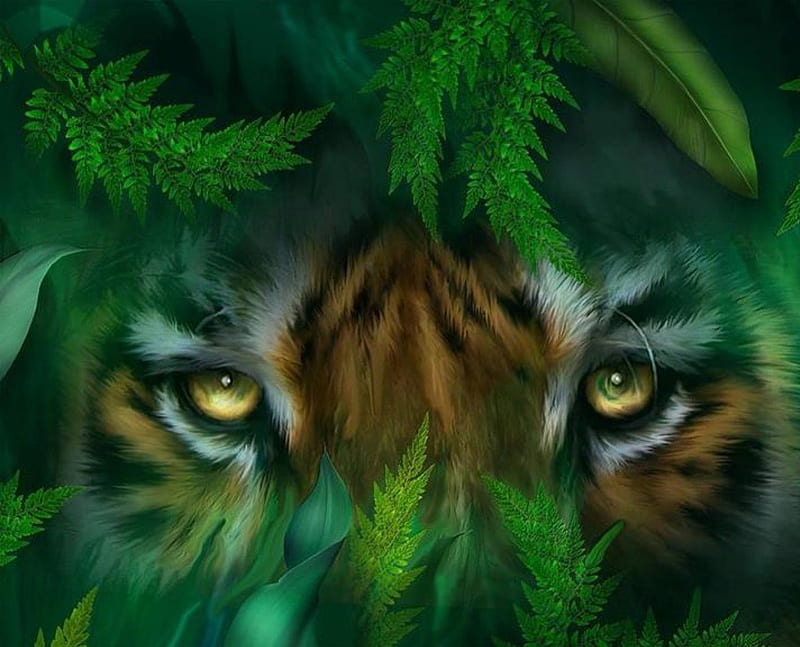 Eyes of the Tiger, hiding, fern, green, wild, tiger, eyes, HD wallpaper