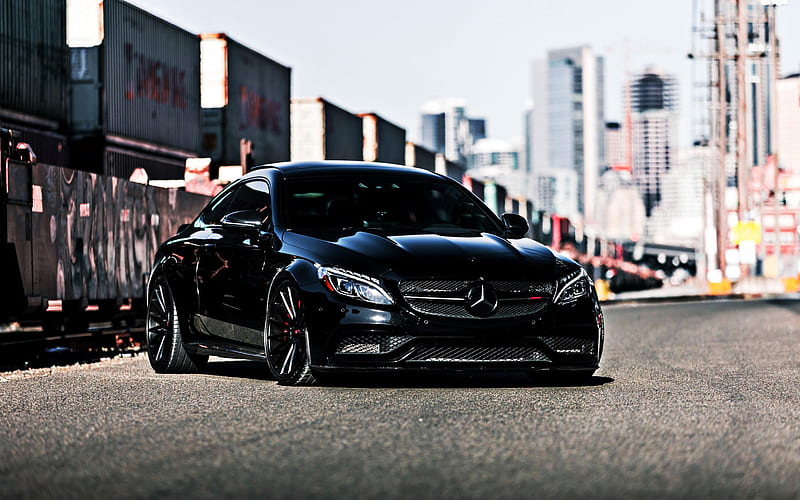 Mercedes-Benz C63 AMG, 2019, black sports coupe, exterior, front view, new black, tuning C63, German sports cars, Mercedes, HD wallpaper