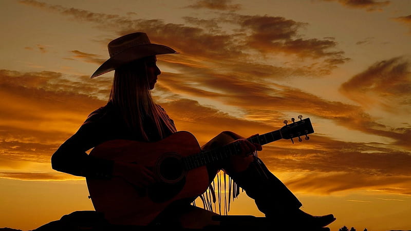 Cowgirl Silhouette, female, westerns, dusk, fun, guitars, outdoors, women, sunsets, cowgirls, girls, style, HD wallpaper