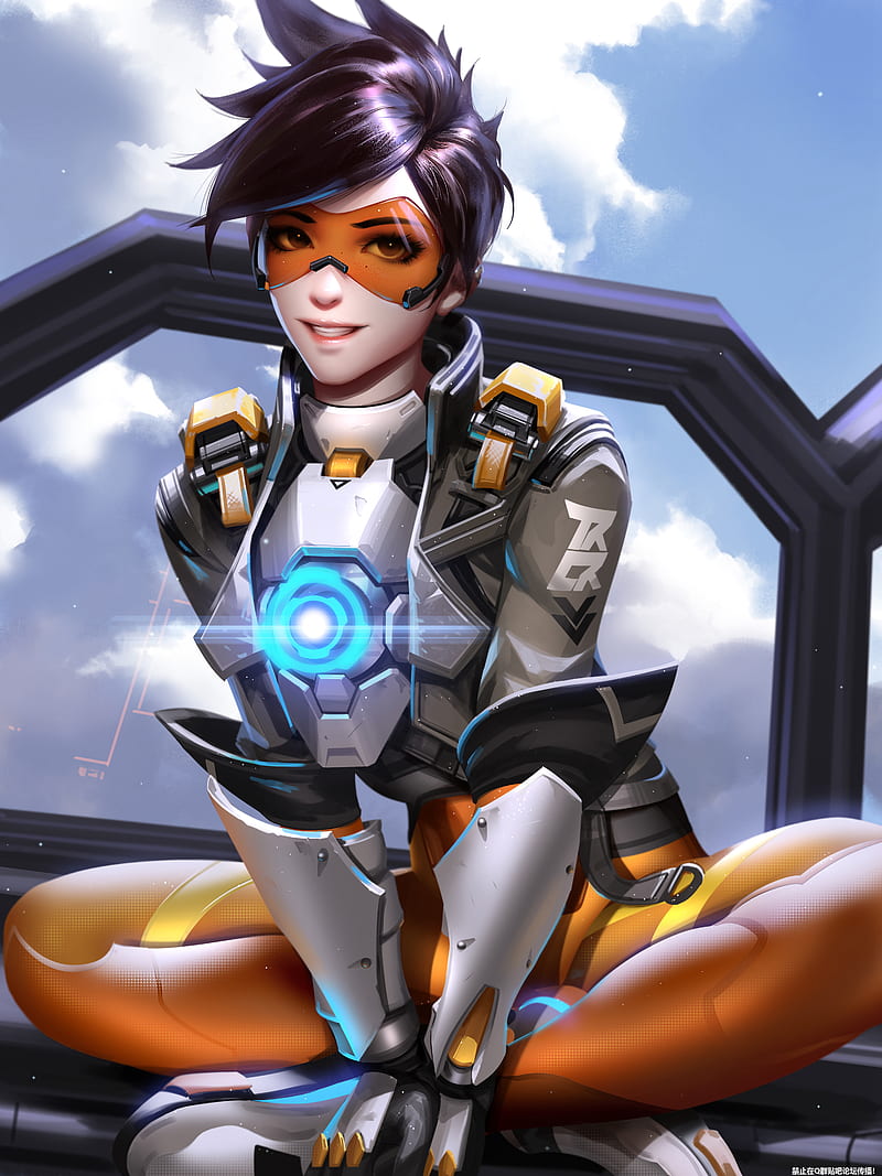 Tracer (Overwatch), Overwatch, video games, video game girls, fantasy girl, brunette, short hair, looking at viewer, freckles, goggles, smiling, armor, glowing, jacket, arm warmers, leggings, sitting, legs crossed, gloves, sky, clouds, portrait display, vertical, video game characters, artwork, drawing, digital art, illustration, fan art, Liang Xing, Liang-Xing, HD phone wallpaper