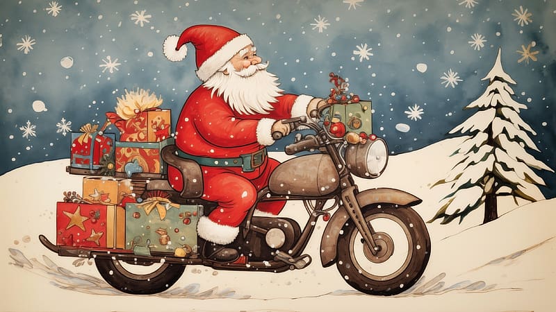 Santa, craciun, art, red, motorcycle, card, hat, vintage, christmas, HD wallpaper