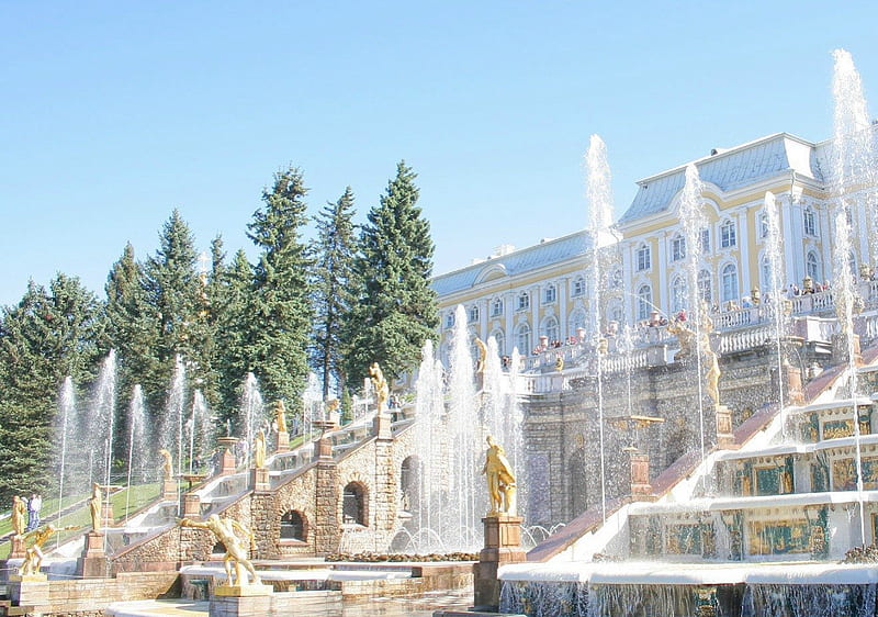Peterhof, St. Petersburg, Russia, st petersburg, fountains, golden, sky, peterhof, tree, water, green, statue, russia, day, castle, blue, HD wallpaper