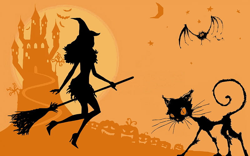 The Witch and the Gothic Cat, architecture, wonderful, house, stunning, orange, bats, halloween, magic, broom, nice, fantasy, gothic, colored, star, fairy, houses, birds, black, sexy, cat, cool, awesome, moonlight, great, eyes, cats, witch, witches, eye, bonito, twilight, woman animal, moon, full moon, bat, darkness, pumpkin, hot, animals, night, stars, amazing, babe, female, smile, hat, beautiful eyes, girl, myst, dark, drawing, funny, castle, pumpkins, HD wallpaper