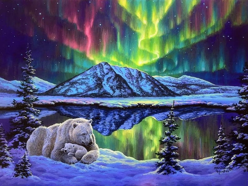 Cold Winter's Night, Christmas, northern lights, holidays, love four seasons, attractions in dreams, xmas and new year, winter, paintings, snow, cub, polar bear, HD wallpaper