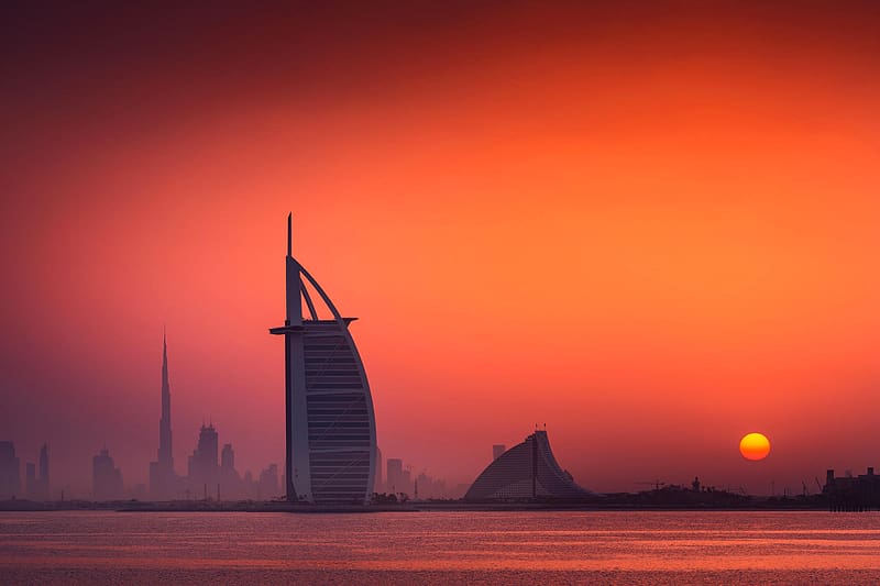 Sunset, Dubai, Evening, Burj Al Arab, HD wallpaper