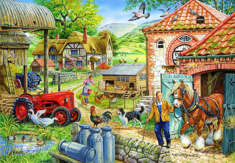 Manor Farm, house, tractor, cottage, hens, ducks, man, horse, woman, artwork, pond, dog, HD wallpaper
