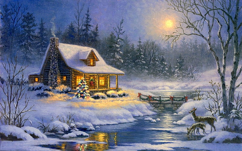 ★Northwoods Christmas Cabin★, Christmas, cottages, christmas tree, holidays, bonito, xmas and new year, paintings, deer creek, cabins, moons, lovely, bridges, white trees, love four seasons, creative pre-made, winter, snow, winter holidays, HD wallpaper