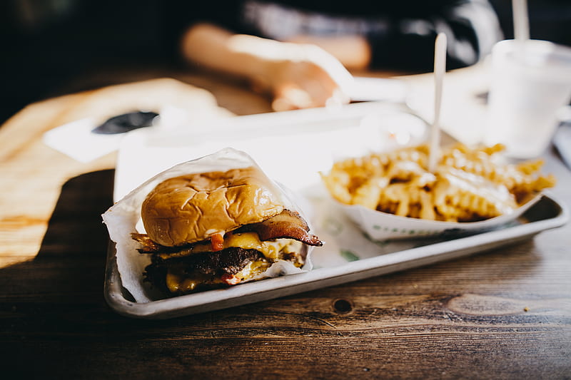 macro graphy of burger and fries served on tray, HD wallpaper