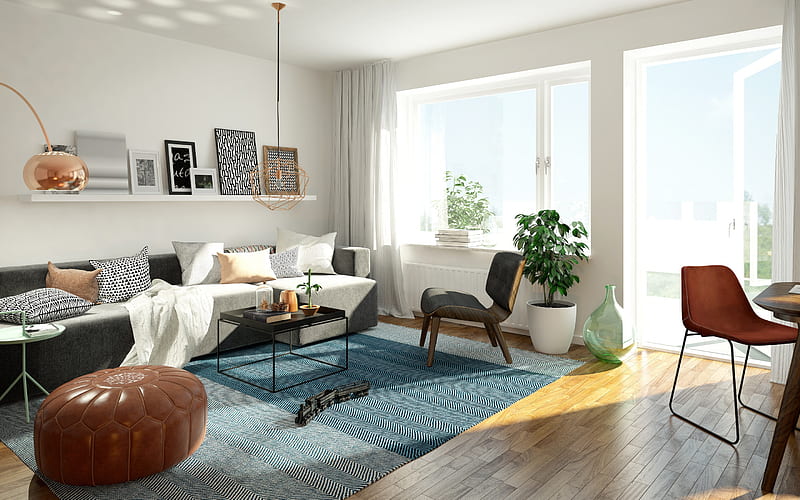 modern stylish interior, living room, leather round brown armchairs, stylish interior design, HD wallpaper