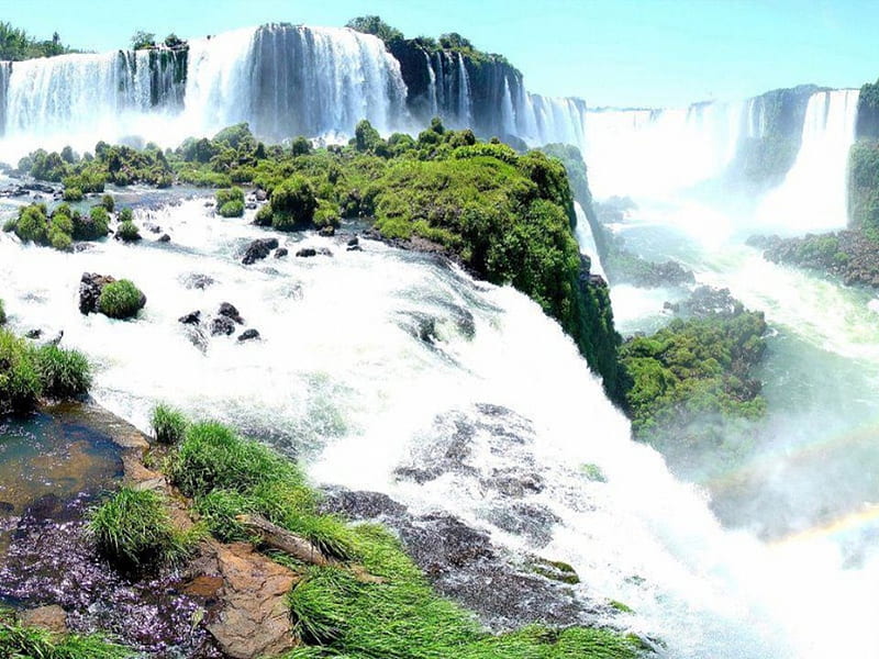 Beautiful Waterfall, green, rock, beautiful natural phenomenon, beautiful colors, white, blue, HD wallpaper