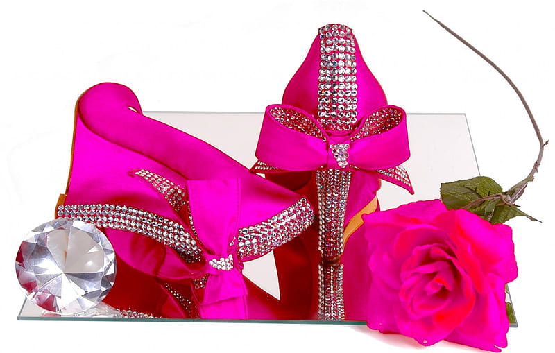 Festive Shoes, crystals, rose, bonito, silk, woman, elegant, fuchsia, graphy, fantasy, feminine, mirror, reflection, pink, satin, strass, girl, festive, hop, shoes, HD wallpaper
