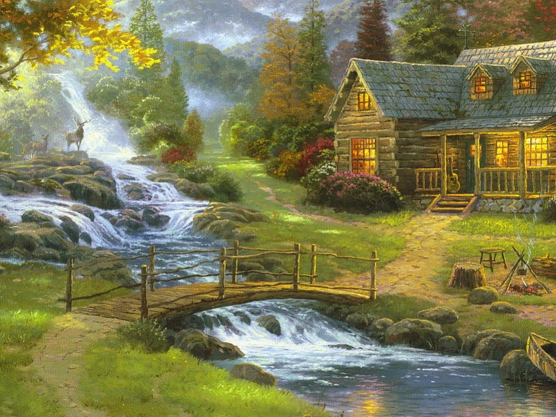House in the forest, forest, house, river, peace, animal, HD wallpaper