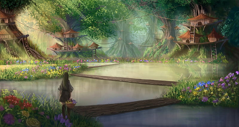 Forest House, house, fantasy, girl, anime, village, secret, orginal, forest, green, scenery, HD wallpaper