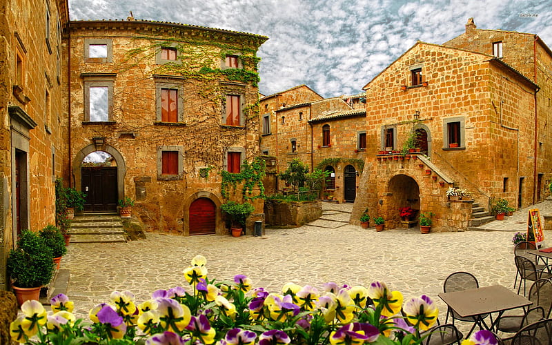brick house in italy, flowers, house, brick, italy, HD wallpaper