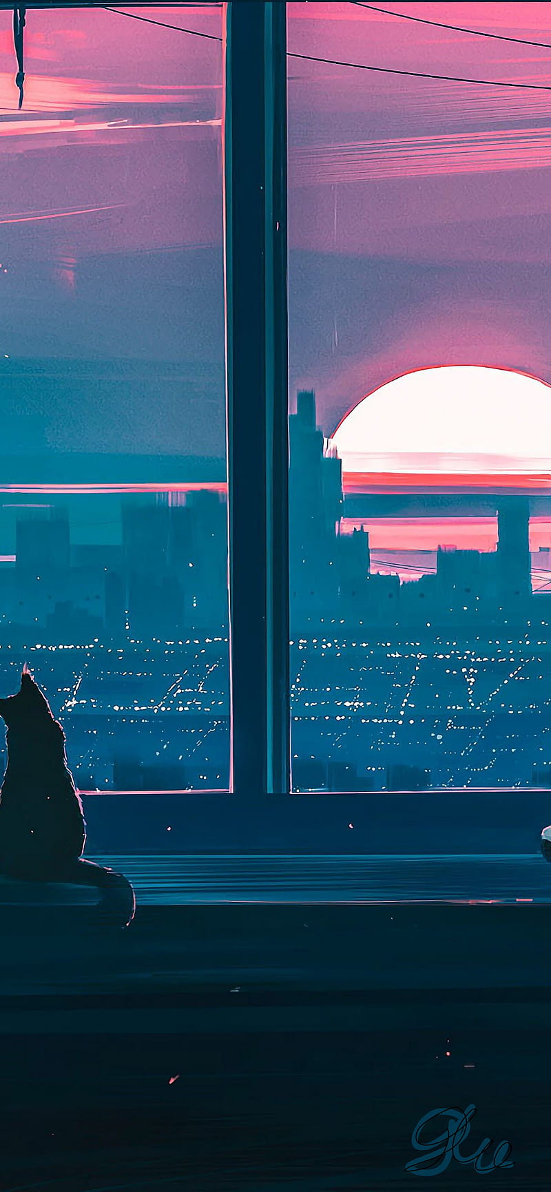 Anime scenery, forte, kitty, night, sea, sky, starry, sunset, window, HD phone wallpaper
