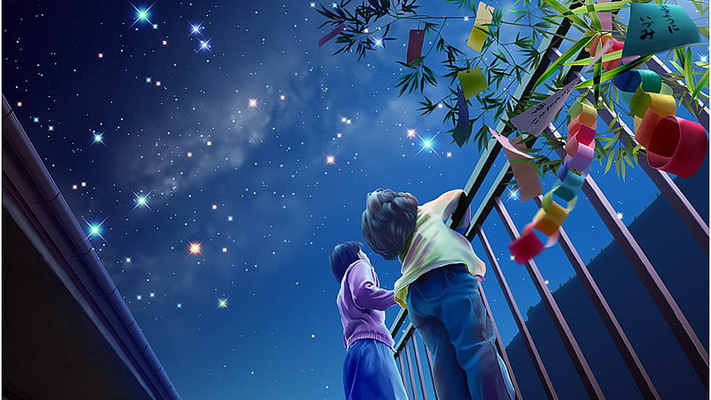 Wish for the Stars.., paper decorations, stars, boys, wish, balcony, colors, looking, night, HD wallpaper