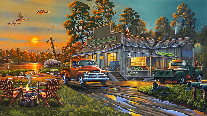 On The Lake General Store, sunsetwaterreflections, car, house, artwork,  painting, HD wallpaper