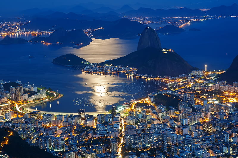 panorama of rio de janeiro at night, mountain, moon, city, reflection, bay, lights, night, HD wallpaper