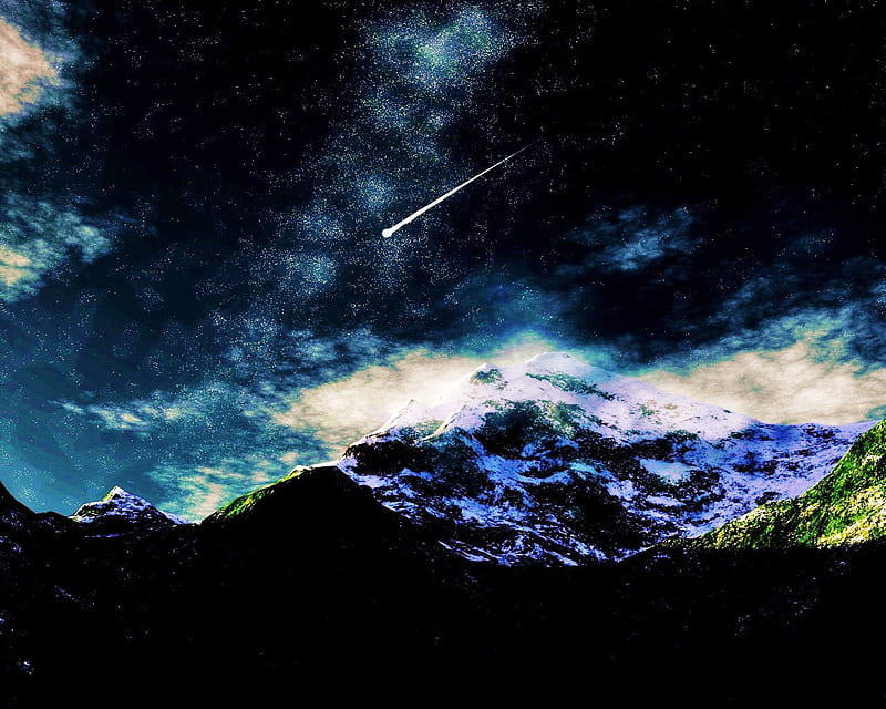 Shooting star, mountain, stars, starlight, clouds, sky, HD wallpaper