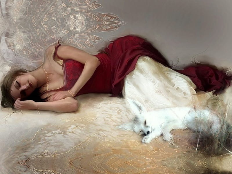 Fantasy girl, fantasy, fox, sleeping, woman, HD wallpaper
