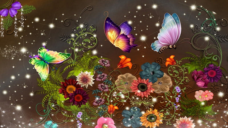Multi fleur, papillon, flower, rose, marguerite, HD wallpaper