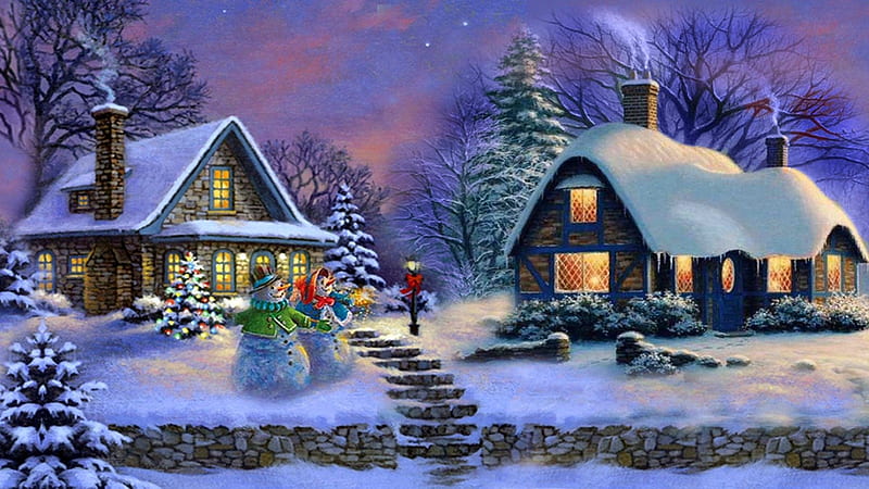 Christmas Home, trees, snow, winter, cottages, painting, snowman, HD wallpaper