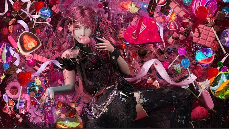 Bubble gum, pink, art, fantasy, sweets, layla vladi, girl, lollipop, candy, HD wallpaper