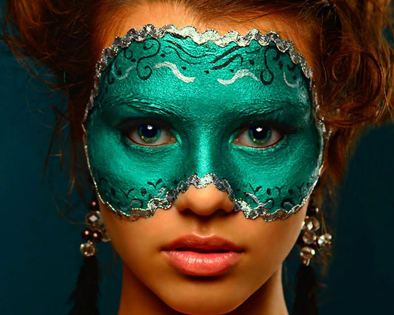 Green mask, face, eyes, woman, mask, HD wallpaper