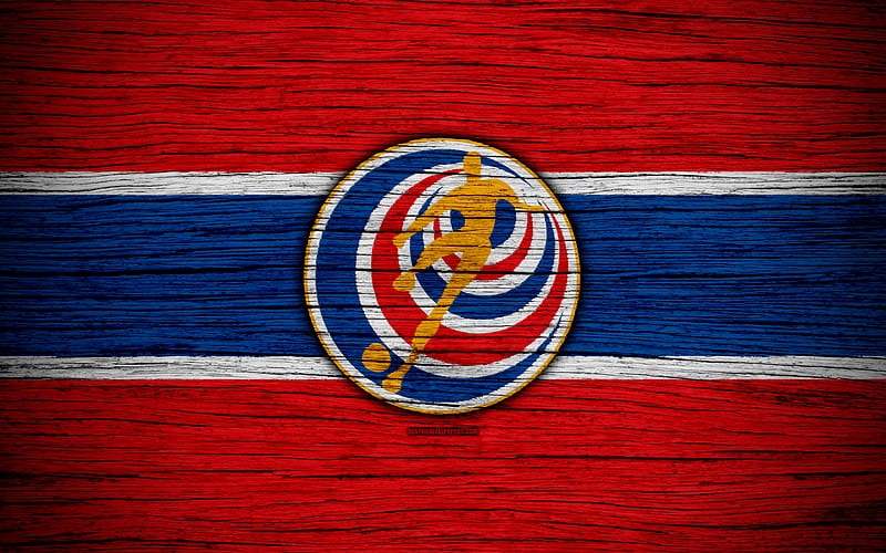 Costa Rica national football team, logo, North America, football, wooden texture, soccer, Costa Rica, emblem, North American national teams, Costa Rican football team, HD wallpaper