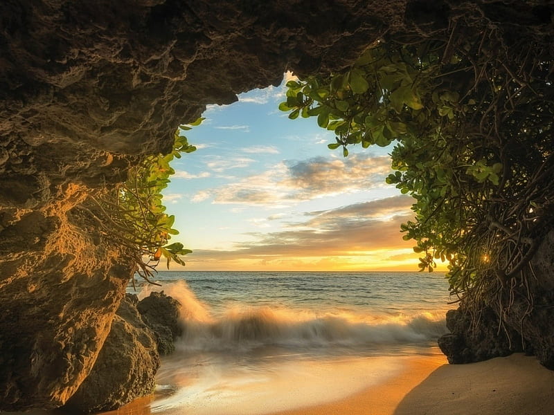 Cave Sunset, sunset, nature, grotto, cave, HD wallpaper