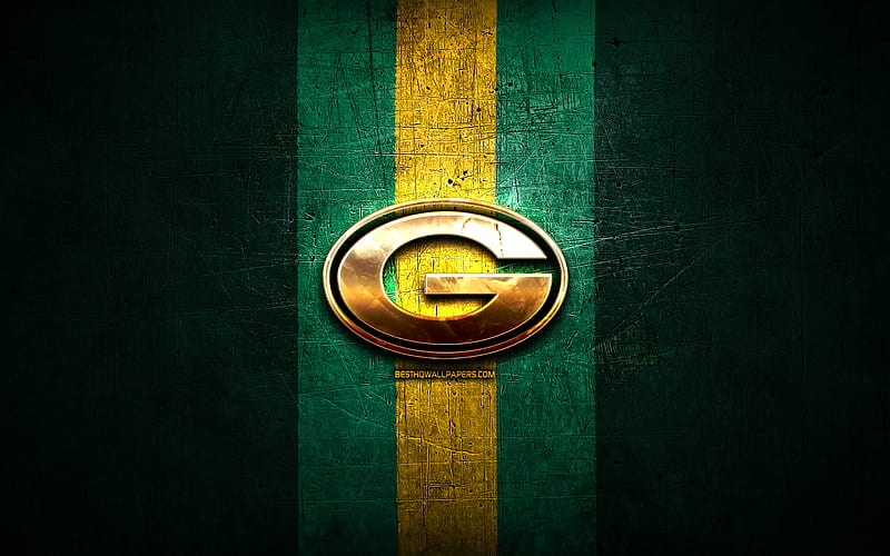 Green Bay Packers, golden logo, NFL, green metal background, american football club, Green Bay Packers logo, american football, USA, HD wallpaper