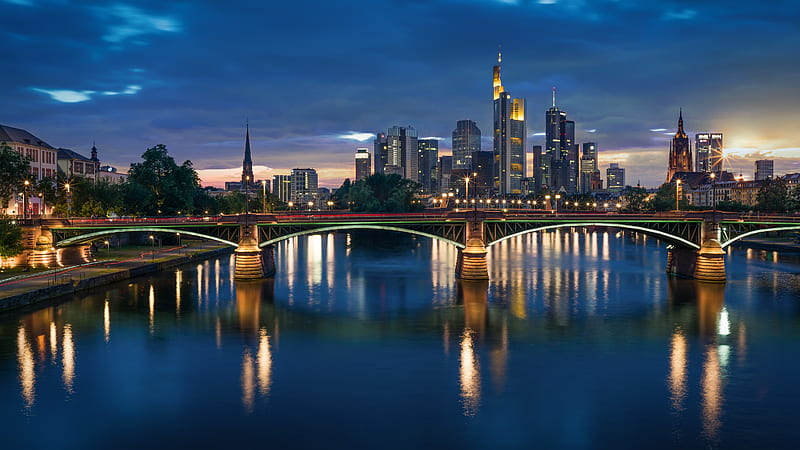 Cities, Frankfurt, Bridge, City, Germany, Night, River, HD wallpaper