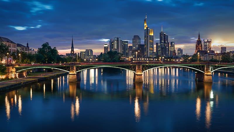 Cities, Night, City, Bridge, River, Germany, Frankfurt, HD wallpaper